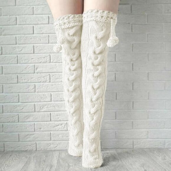 Over the Knee Boot White Pom Pom Socks - Picture 1 of 4